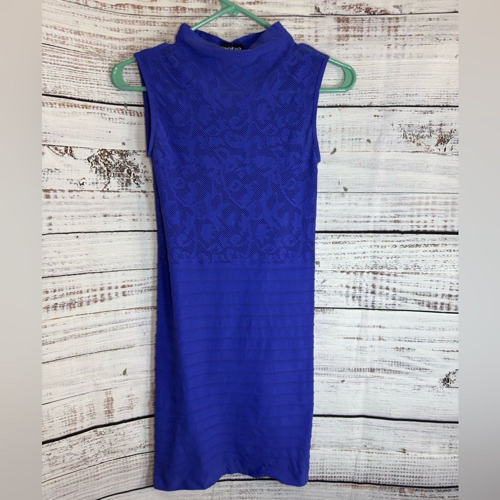 Vintage Bebe Dress Womens Sz M/L Royal Blue Bodycon Y2K Mini Woven stretch 90’s